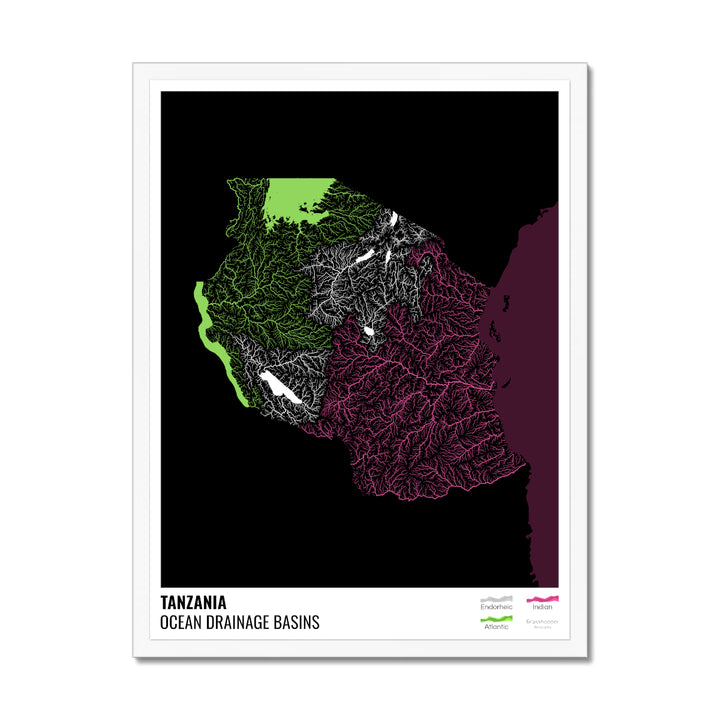 Tanzania - Ocean drainage basin map, black with legend v2 - Framed Print