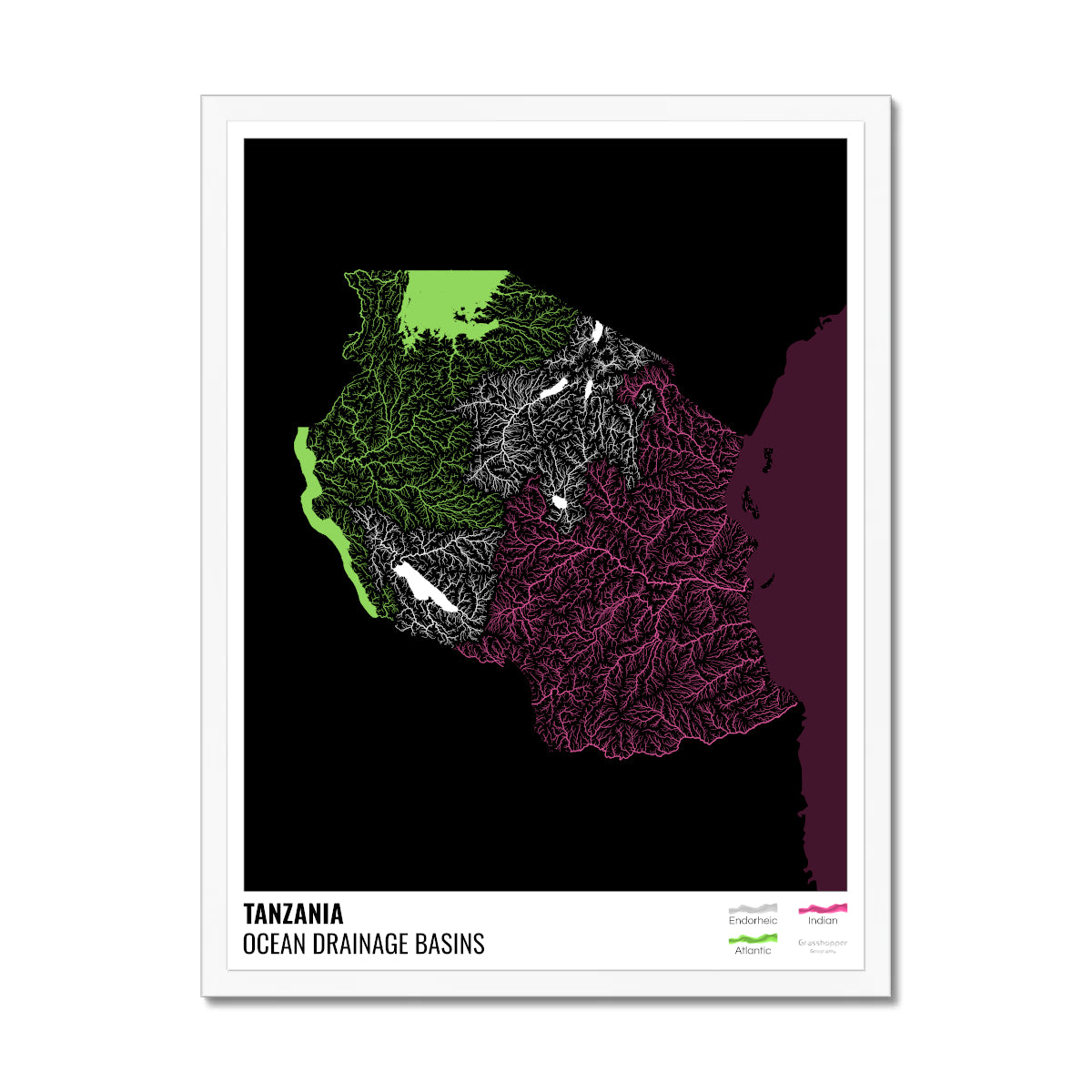 Tanzania - Ocean drainage basin map, black with legend v2 - Framed Pri ...