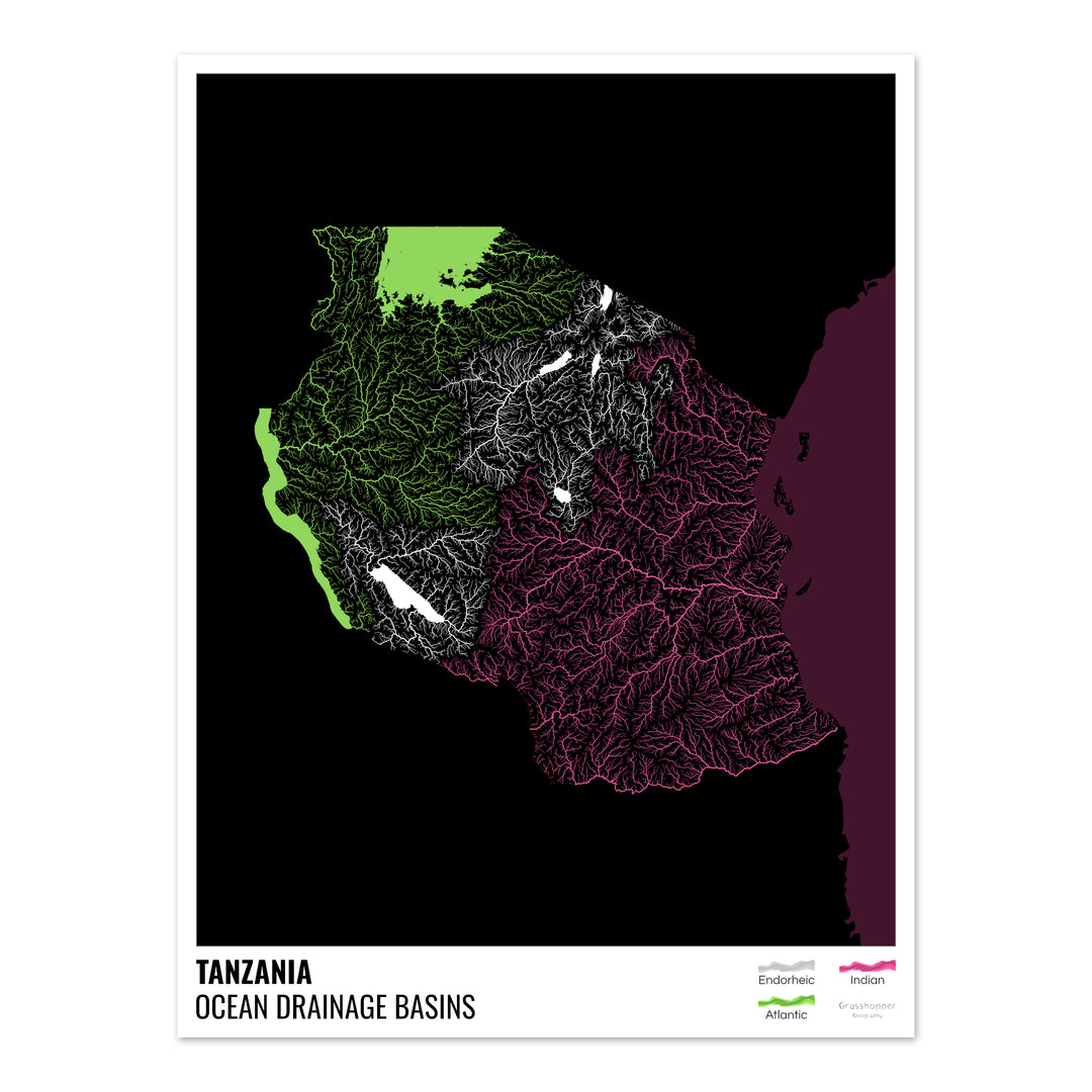 Tanzania - Ocean drainage basin map, black with legend v2 - Fine Art Print