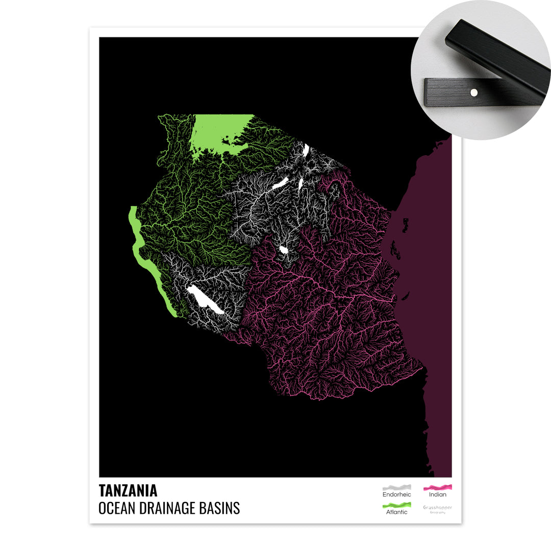 Tanzanie - Carte du bassin versant océanique, noire avec légende v2 - Tirage d'art avec cintre