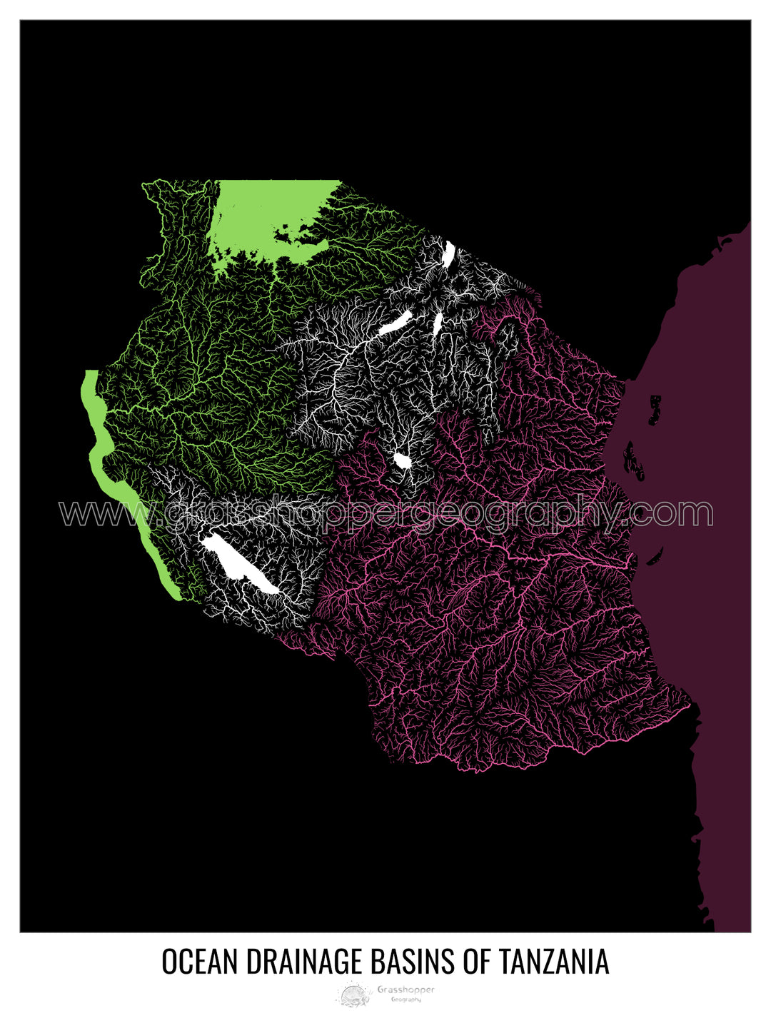 Tanzania - Mapa de la cuenca hidrográfica del océano, negro v2 - Impresión de bellas artes