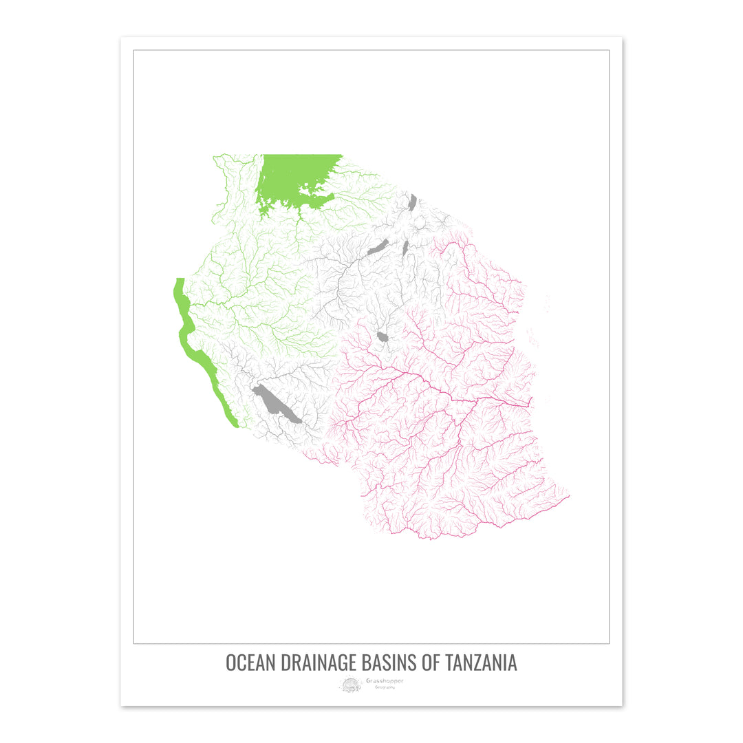 Tanzanie - Carte du bassin versant océanique, blanc v1 - Tirage photo artistique