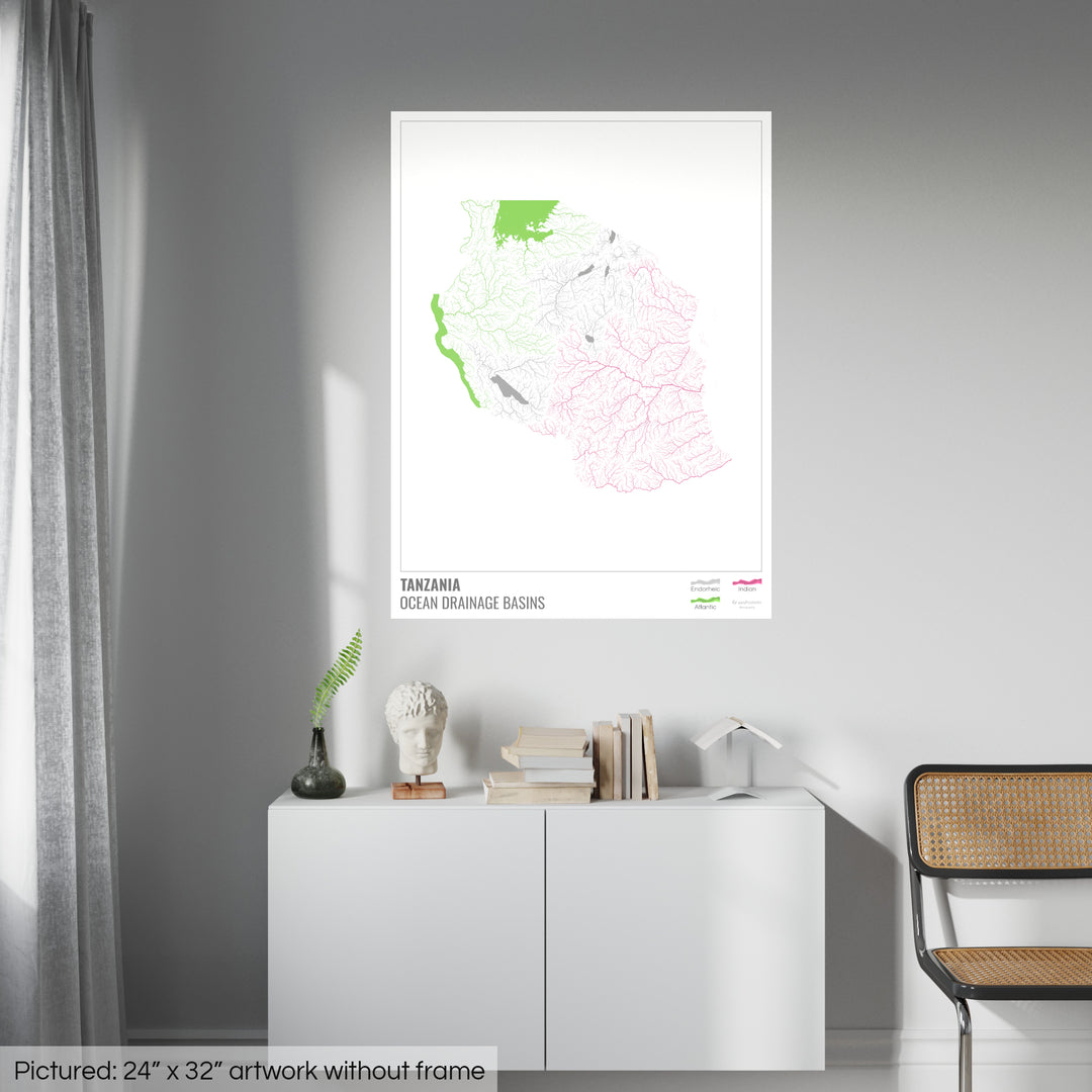 Tanzania - Ocean drainage basin map, white with legend v1 - Fine Art Print