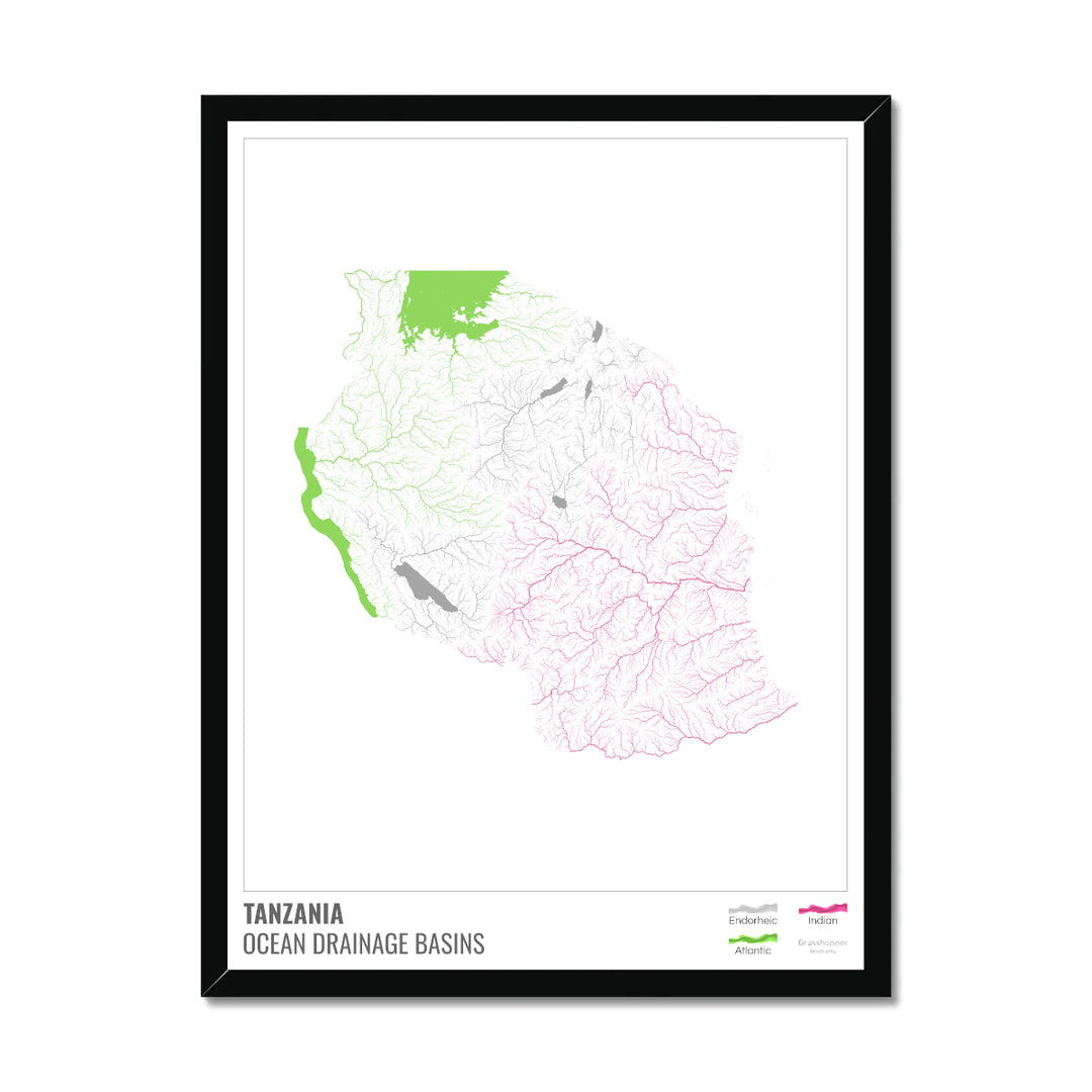 Tanzania - Ocean drainage basin map, white with legend v1 - Framed Print