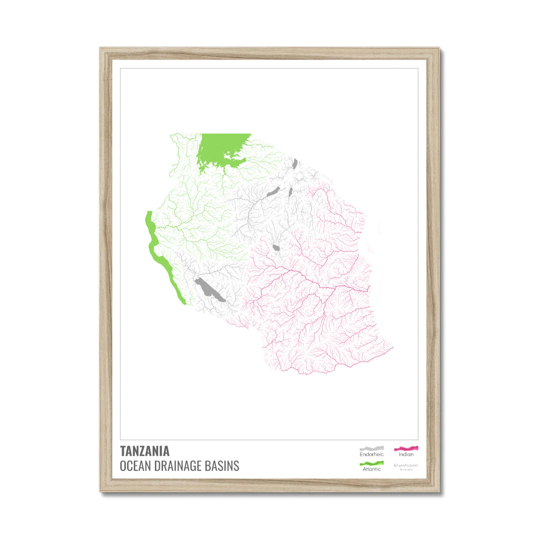 Tanzania - Ocean drainage basin map, white with legend v1 - Framed Print