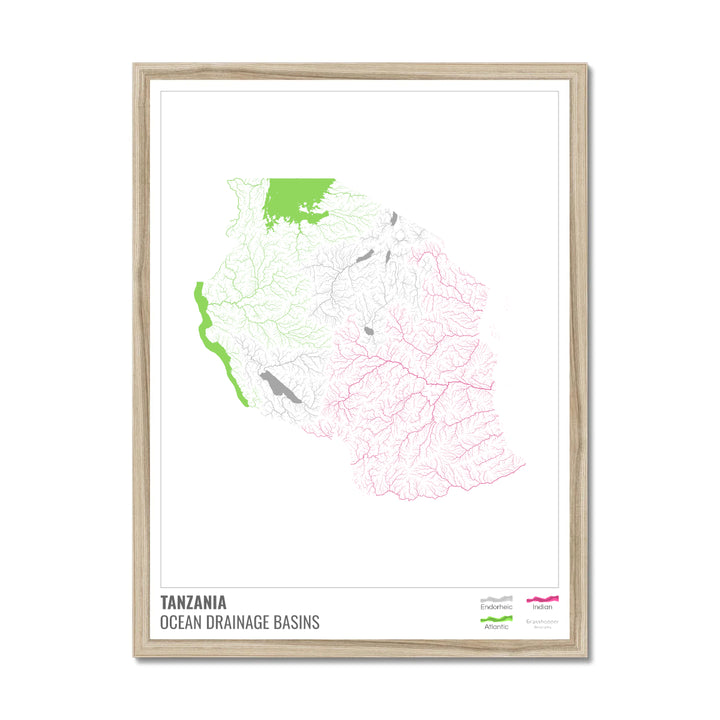 Tanzania - Ocean drainage basin map, white with legend v1 - Framed Print