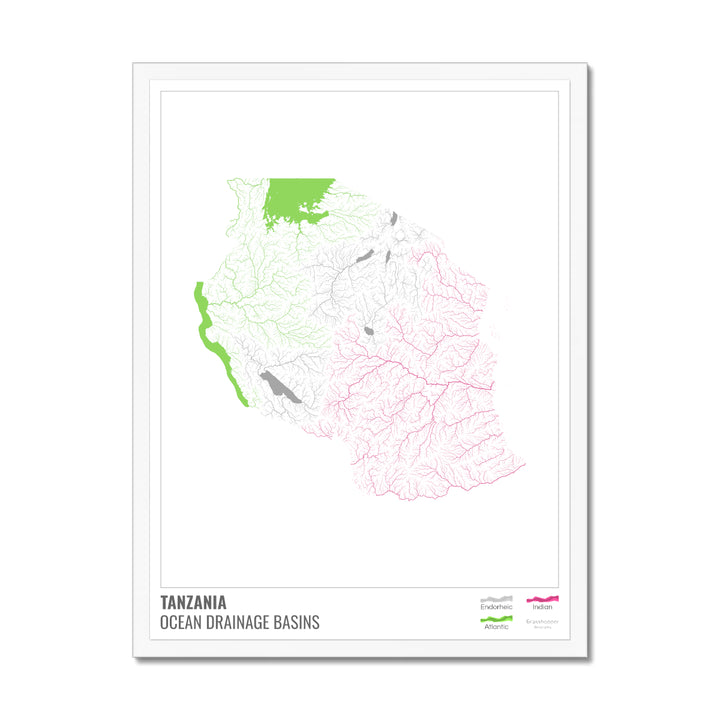 Tanzania - Ocean drainage basin map, white with legend v1 - Framed Print