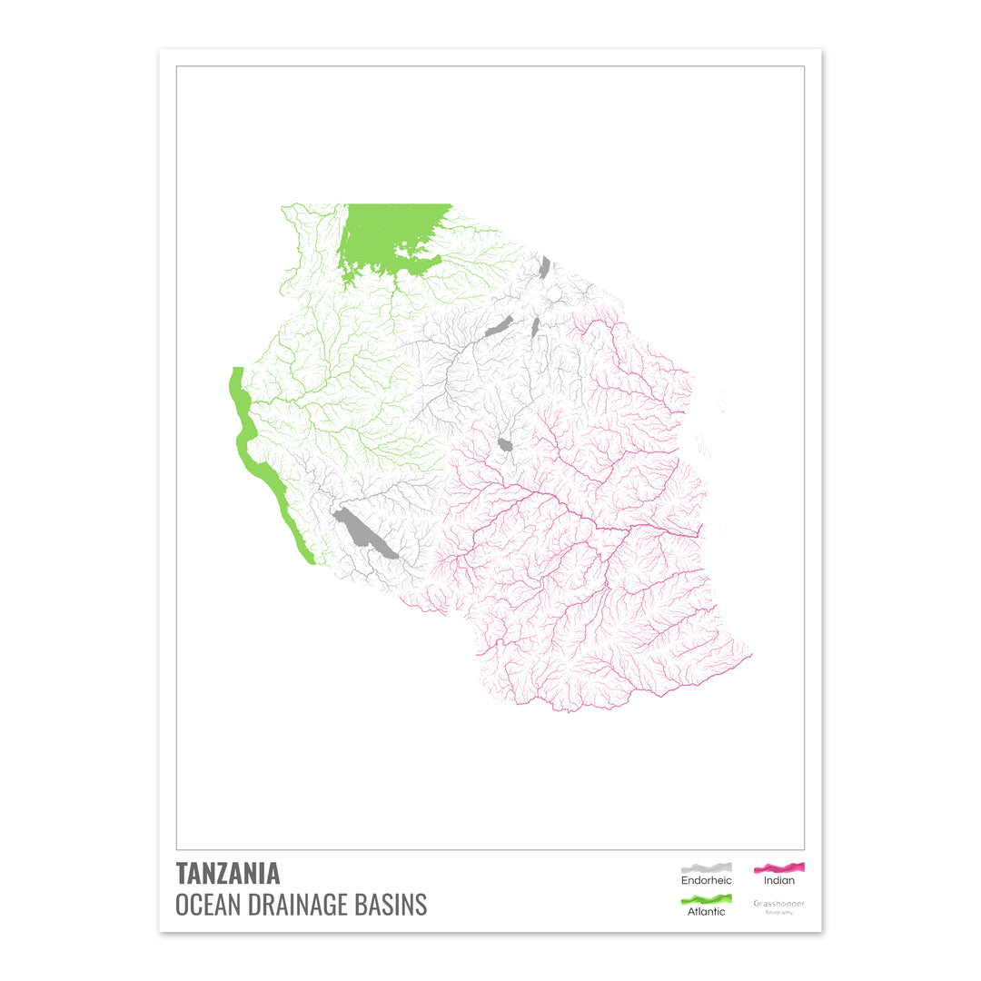 Tanzanie - Carte des bassins hydrographiques océaniques, blanche avec légende v1 - Fine Art Print