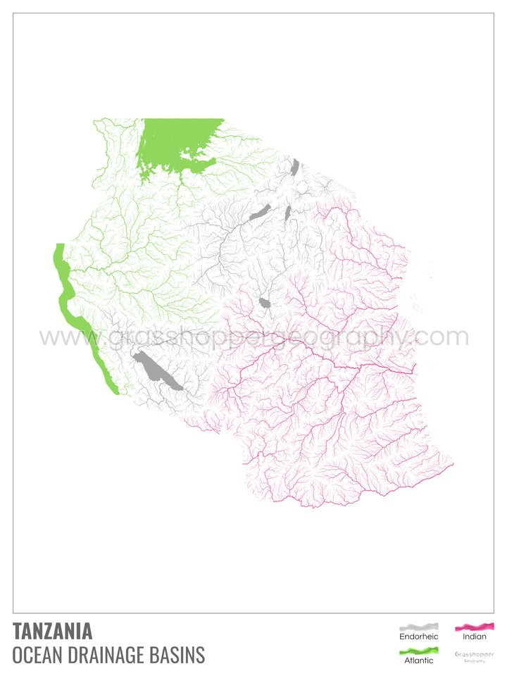 Tanzania - Mapa de la cuenca hidrográfica del océano, blanco con leyenda v1 - Impresión de bellas artes
