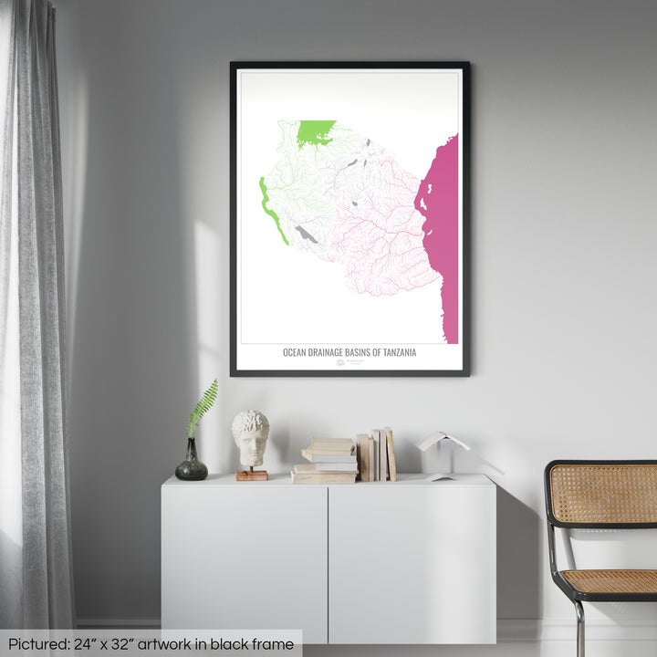 Tanzania - Ocean drainage basin map, white v2 - Framed Print