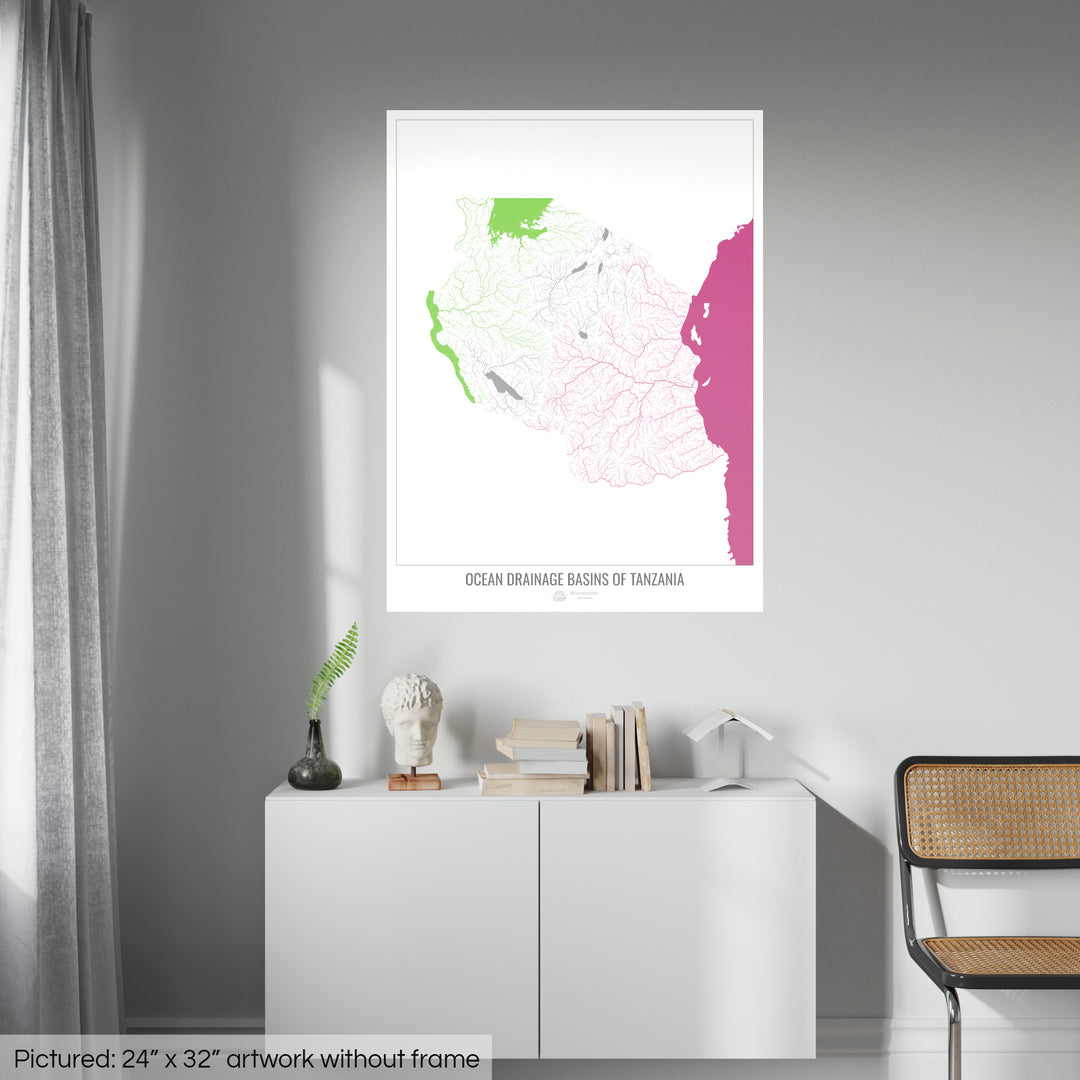 Tanzania - Ocean drainage basin map, white v2 - Fine Art Print