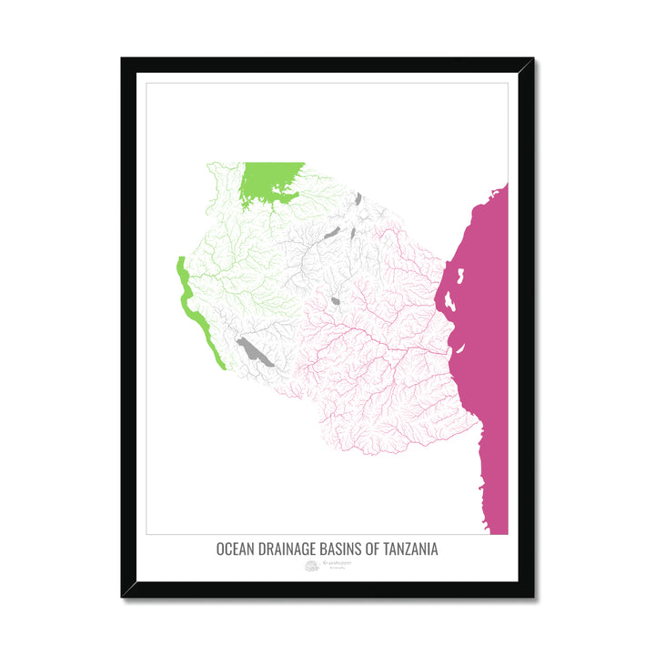 Tanzania - Ocean drainage basin map, white v2 - Framed Print