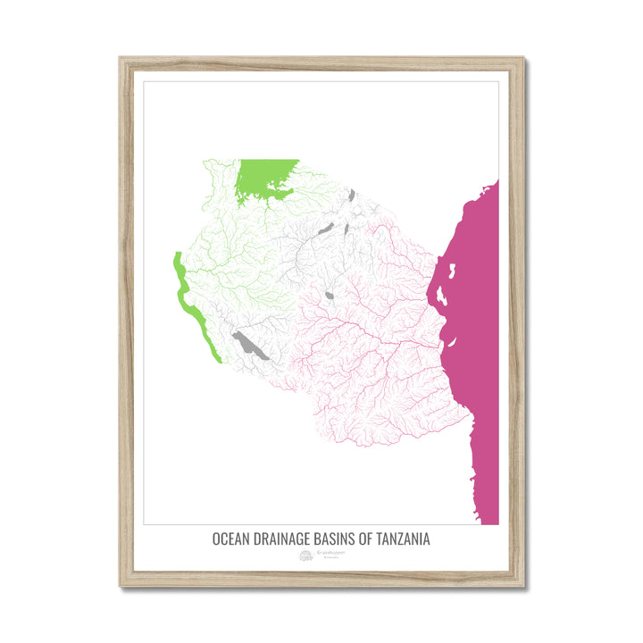 Tanzania - Ocean drainage basin map, white v2 - Framed Print