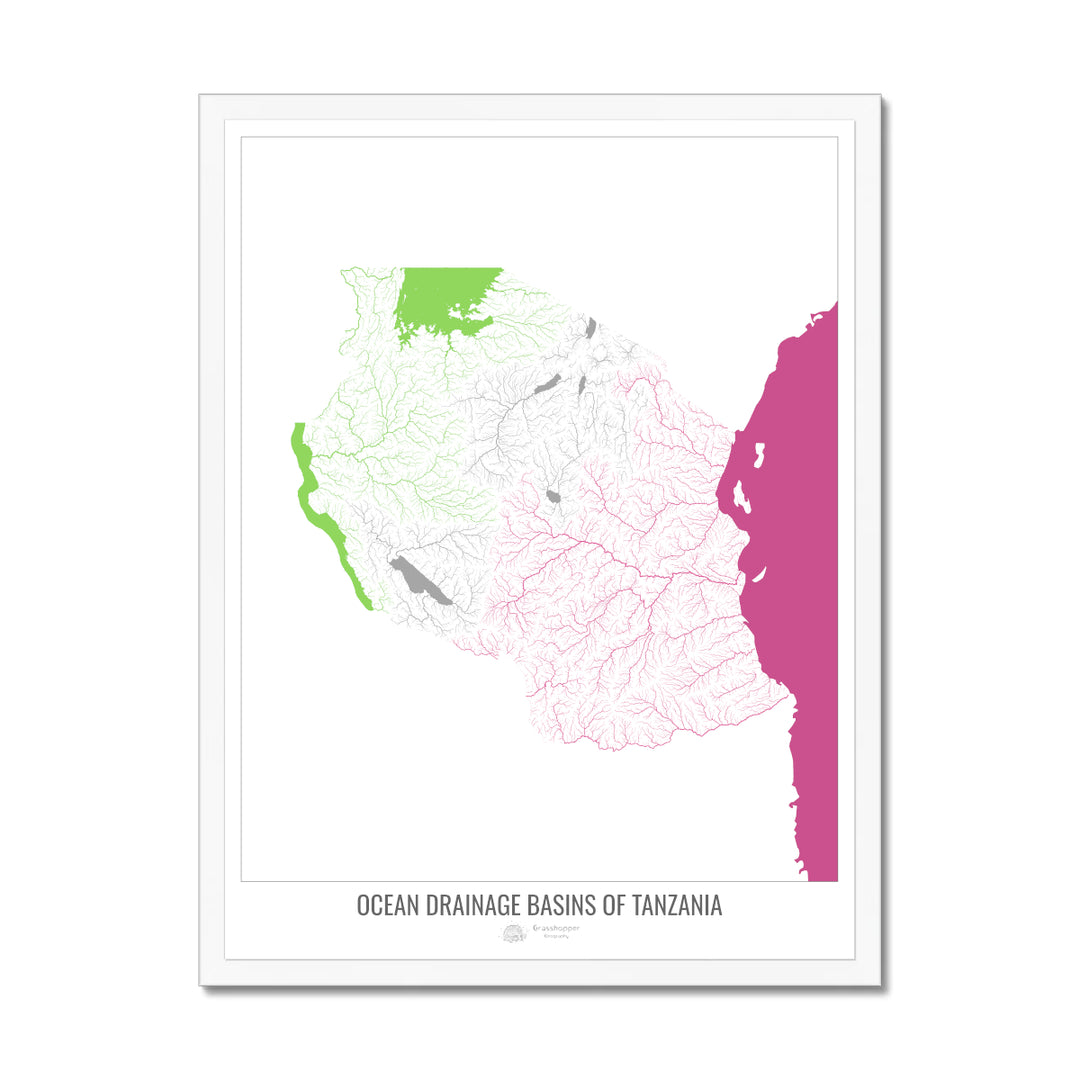 Tanzania - Ocean drainage basin map, white v2 - Framed Print