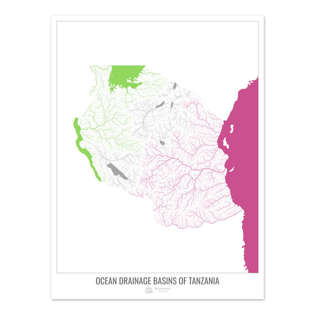 Tanzanie - Carte des bassins hydrographiques océaniques, blanc v2 - Fine Art Print