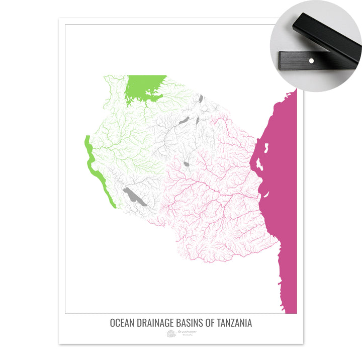 Tanzania - Mapa de la cuenca hidrográfica del océano, blanco v2 - Impresión artística con colgador