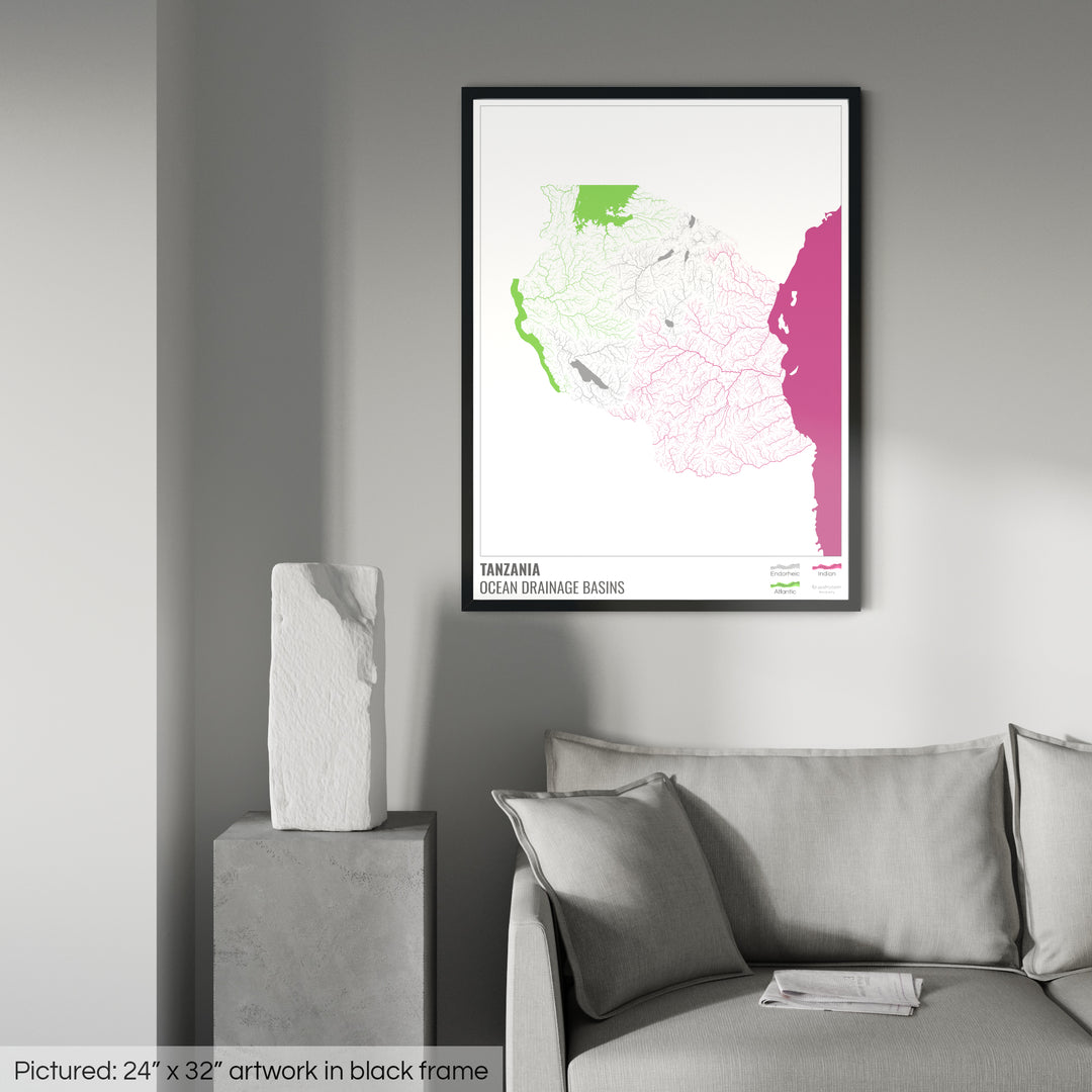 Tanzania - Ocean drainage basin map, white with legend v2 - Framed Print