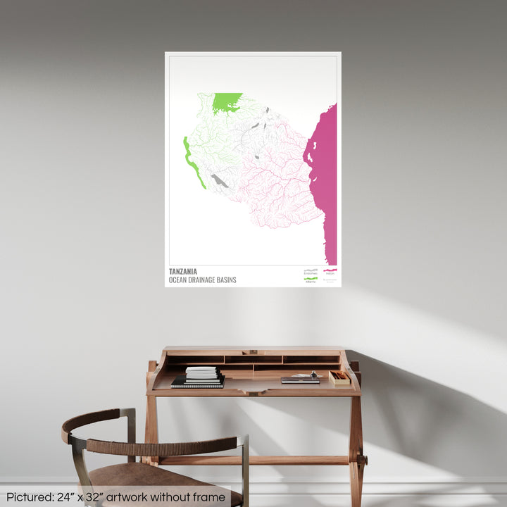 Tanzania - Ocean drainage basin map, white with legend v2 - Photo Art Print