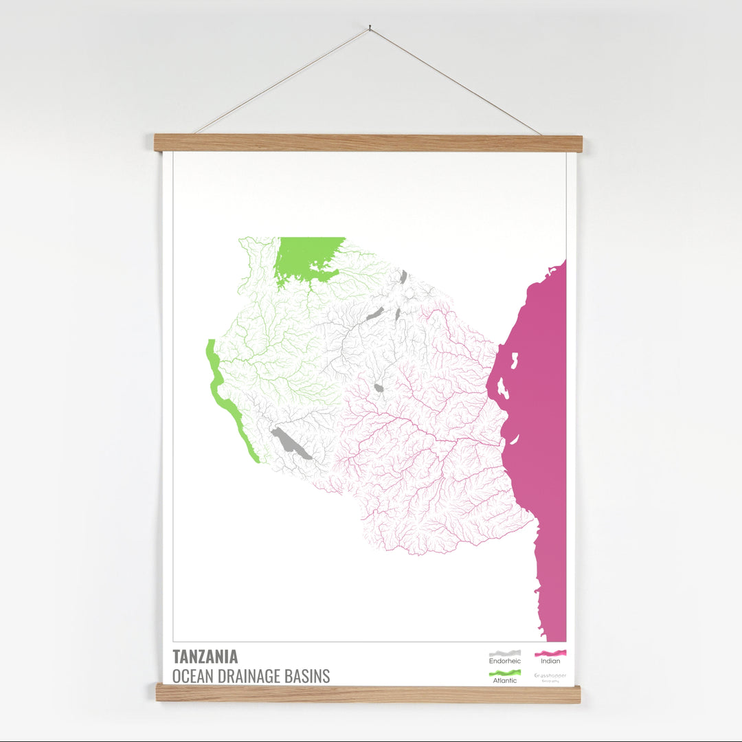 Tanzania - Mapa de la cuenca hidrográfica del océano, blanco con leyenda v2 - Impresión artística con colgador