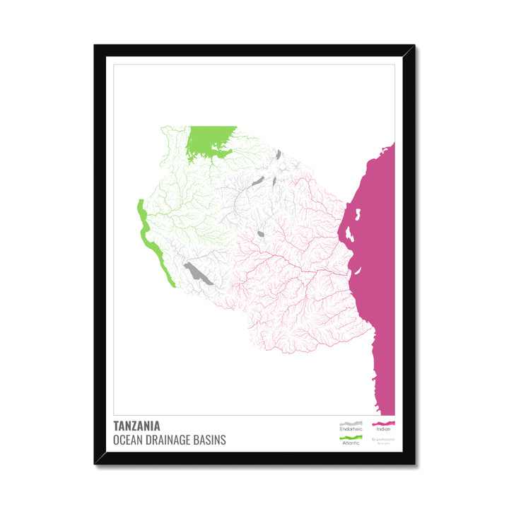 Tanzania - Ocean drainage basin map, white with legend v2 - Framed Print