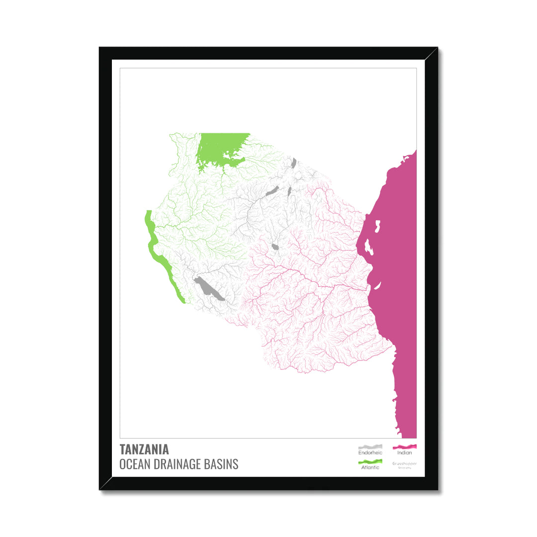 Tanzania - Ocean drainage basin map, white with legend v2 - Framed Print