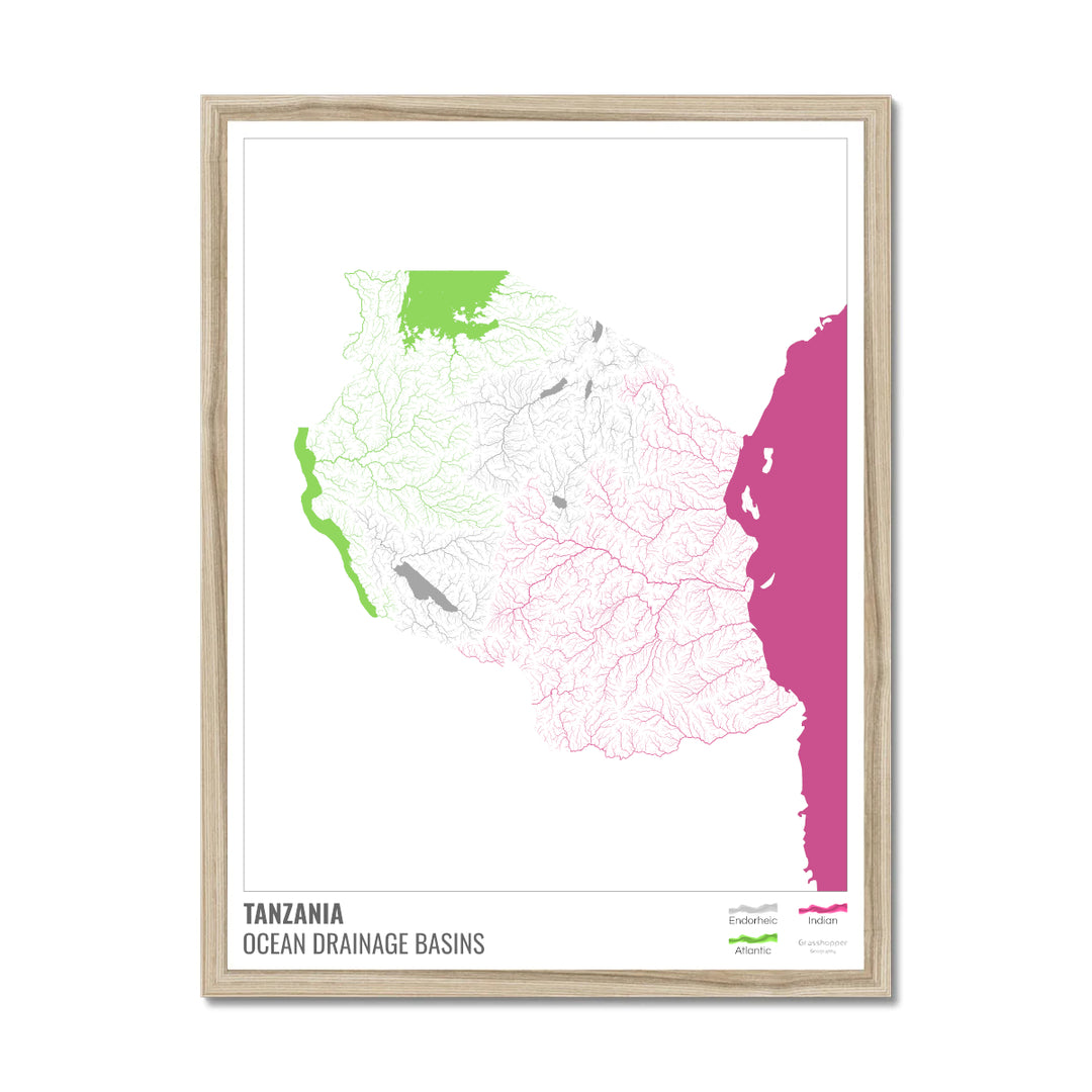 Tanzania - Ocean drainage basin map, white with legend v2 - Framed Print