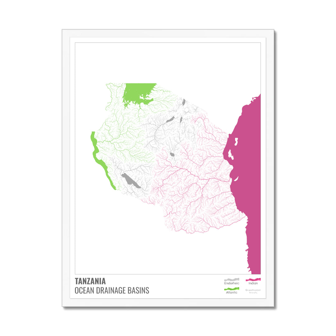 Tanzania - Ocean drainage basin map, white with legend v2 - Framed Print