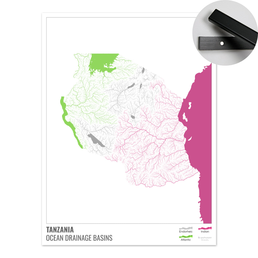 Tanzania - Mapa de la cuenca hidrográfica del océano, blanco con leyenda v2 - Impresión artística con colgador