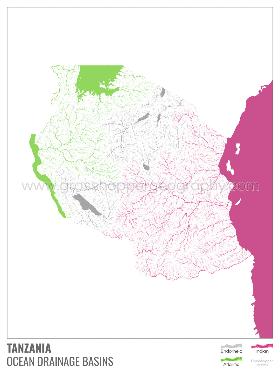 Tanzania - Ocean drainage basin map, white with legend v2 - Fine Art Print