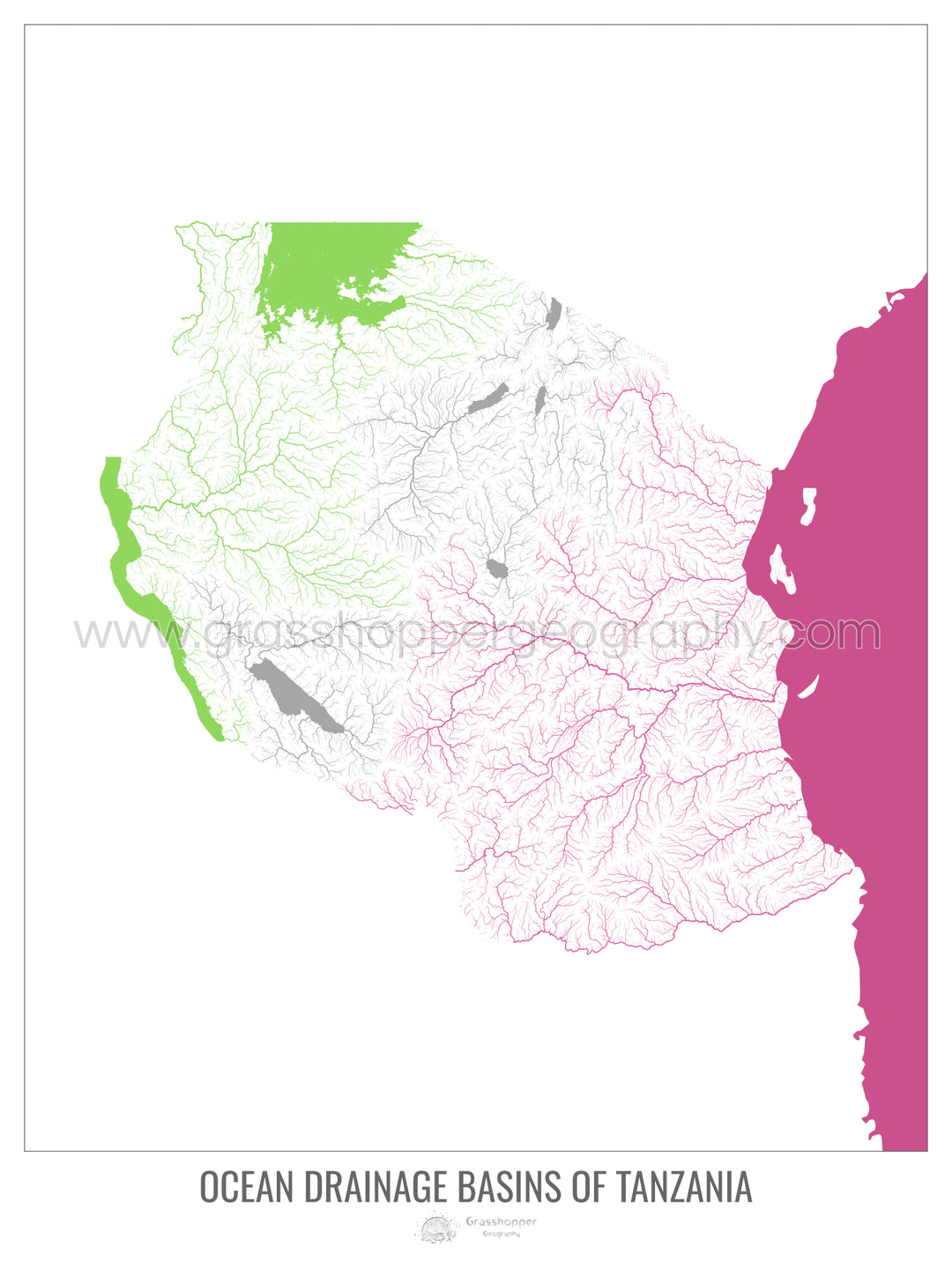 Tanzania - Mapa de la cuenca hidrográfica del océano, blanco v2 - Impresión de bellas artes