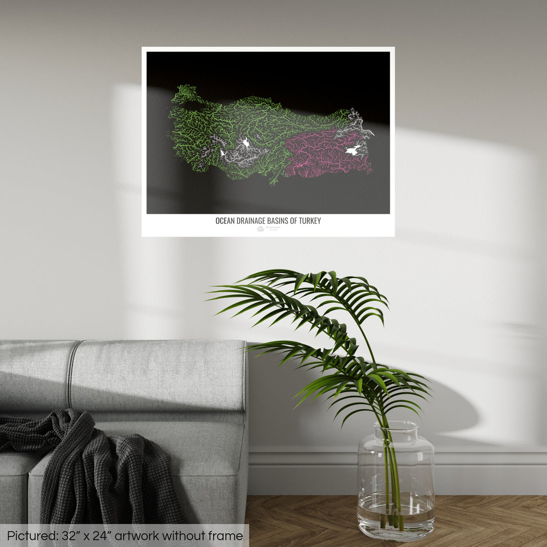 Турция - Карта океанического водосборного бассейна, черная версия 1 - Fine Art Print