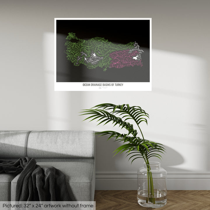 Турция - Карта океанического водосборного бассейна, черная версия 1 - Fine Art Print