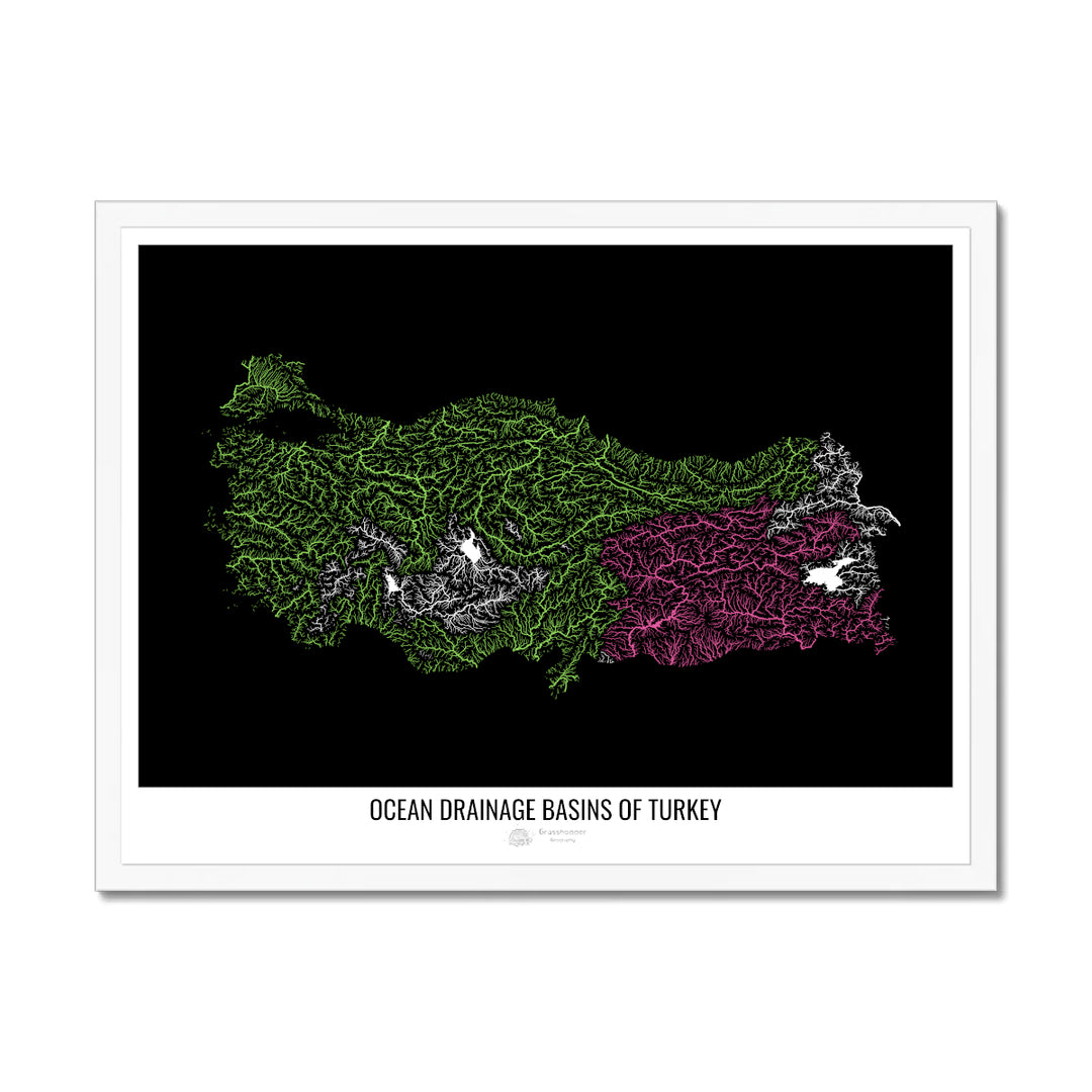Turkey - Ocean drainage basin map, black v1 - Framed Print