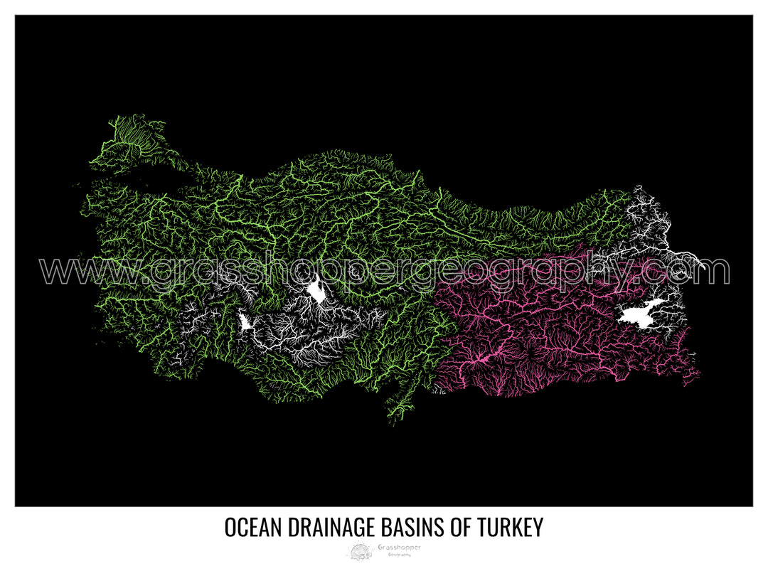Turquía - Mapa de la cuenca hidrográfica del océano, negro v1 - Impresión de bellas artes