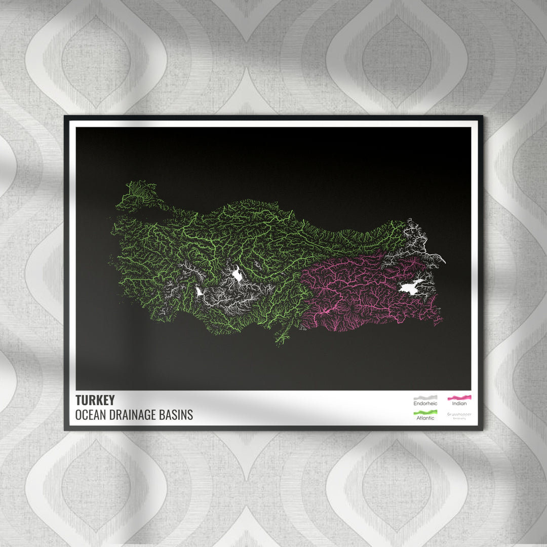 Turquie - Carte des bassins hydrographiques océaniques, noire avec légende v1 - Tirage photo artistique