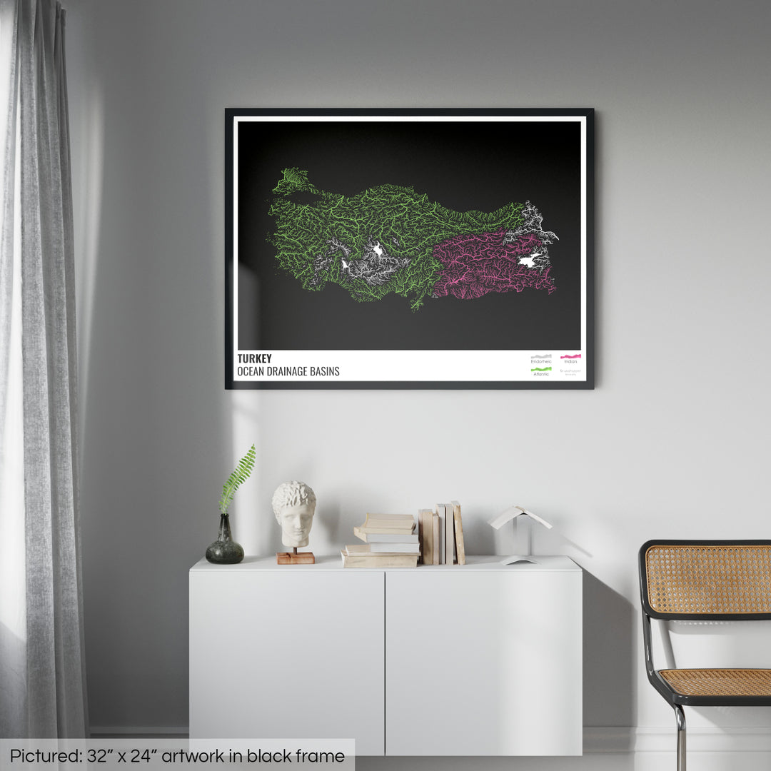 Turkey - Ocean drainage basin map, black with legend v1 - Framed Print