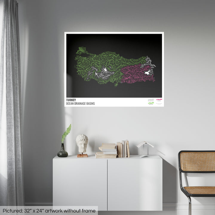 Turkey - Ocean drainage basin map, black with legend v1 - Fine Art Print
