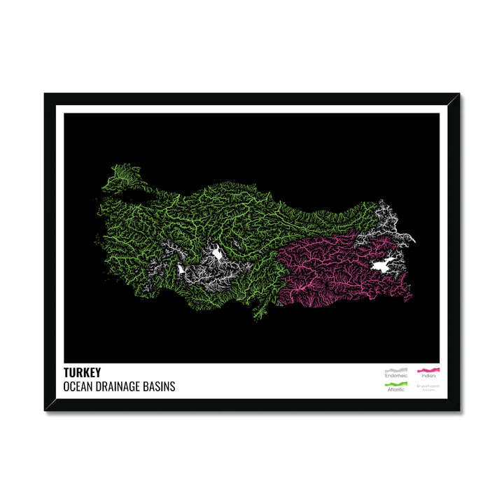 Turkey - Ocean drainage basin map, black with legend v1 - Framed Print