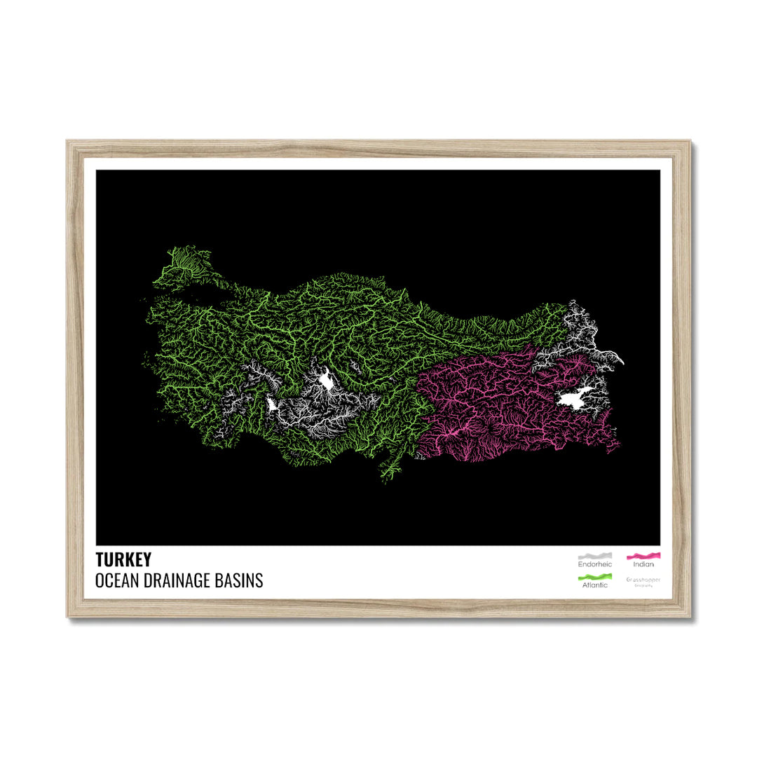 Turquie - Carte du bassin versant océanique, noire avec légende v1 - Impression encadrée
