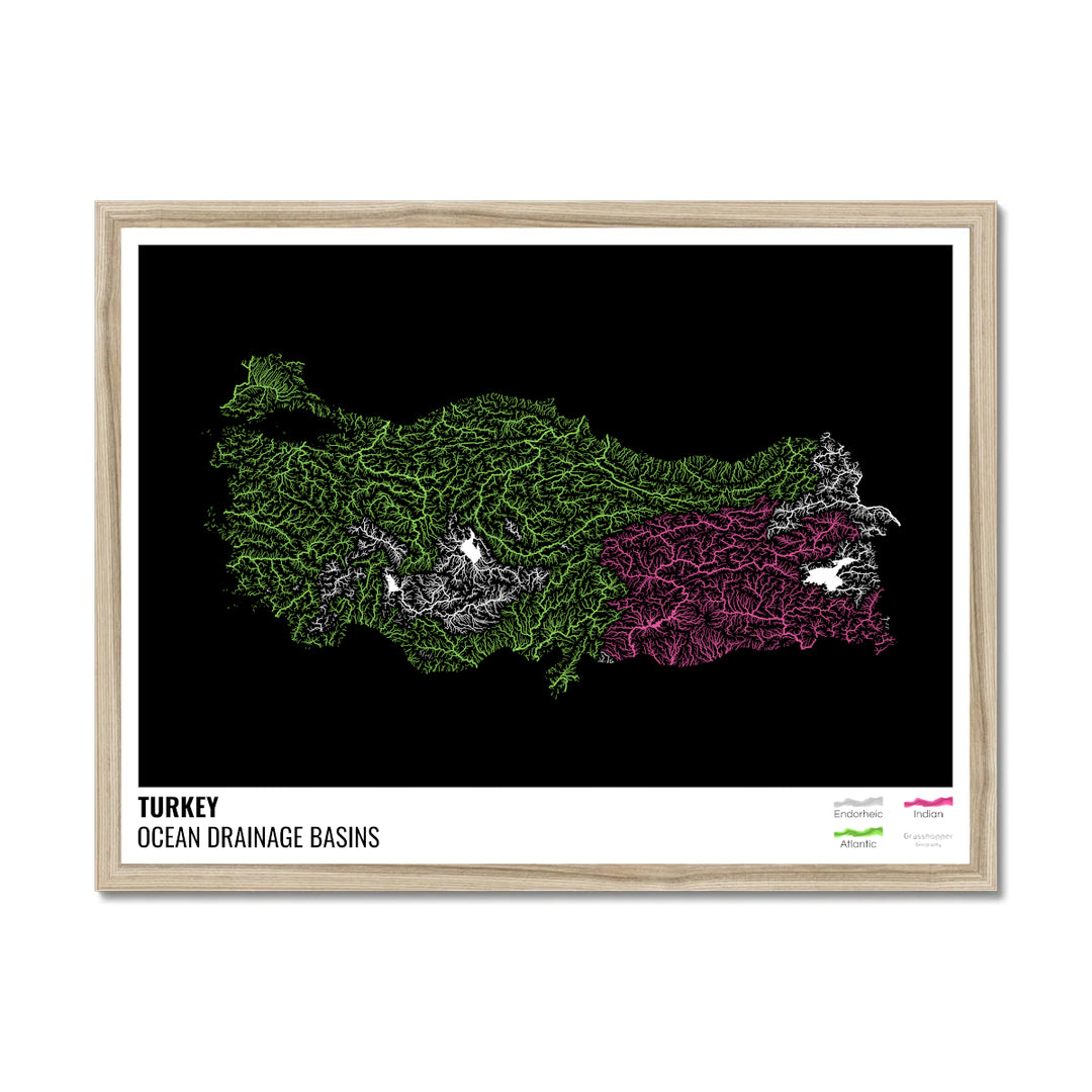 Turkey - Ocean drainage basin map, black with legend v1 - Framed Print