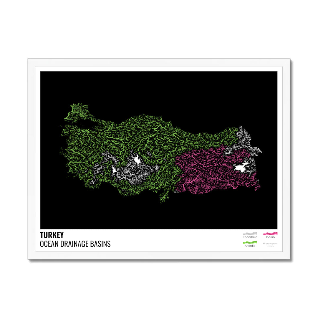 Turquie - Carte du bassin versant océanique, noire avec légende v1 - Impression encadrée