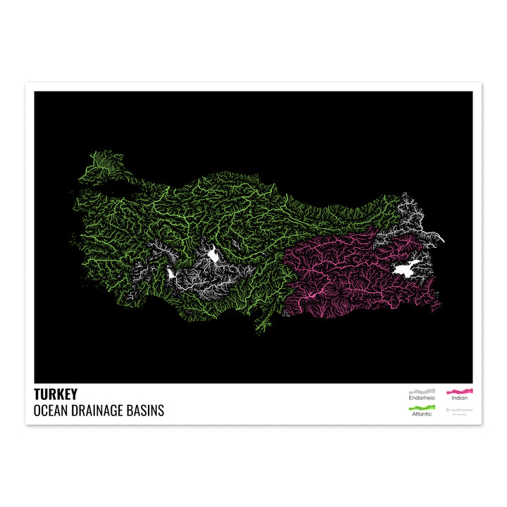 Turkey - Ocean drainage basin map, black with legend v1 - Photo Art Print