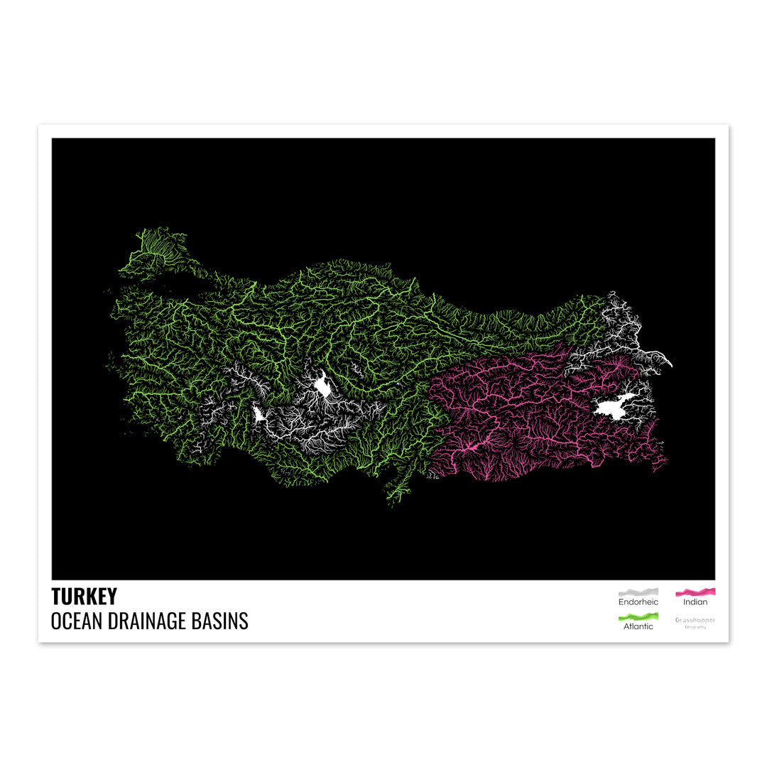 Turquie - Carte des bassins hydrographiques océaniques, noire avec légende v1 - Tirage photo artistique