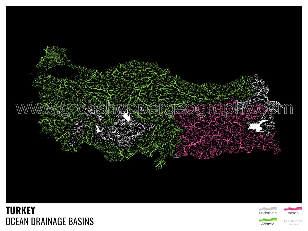 Turquie - Carte des bassins hydrographiques océaniques, noire avec légende v1 - Fine Art Print