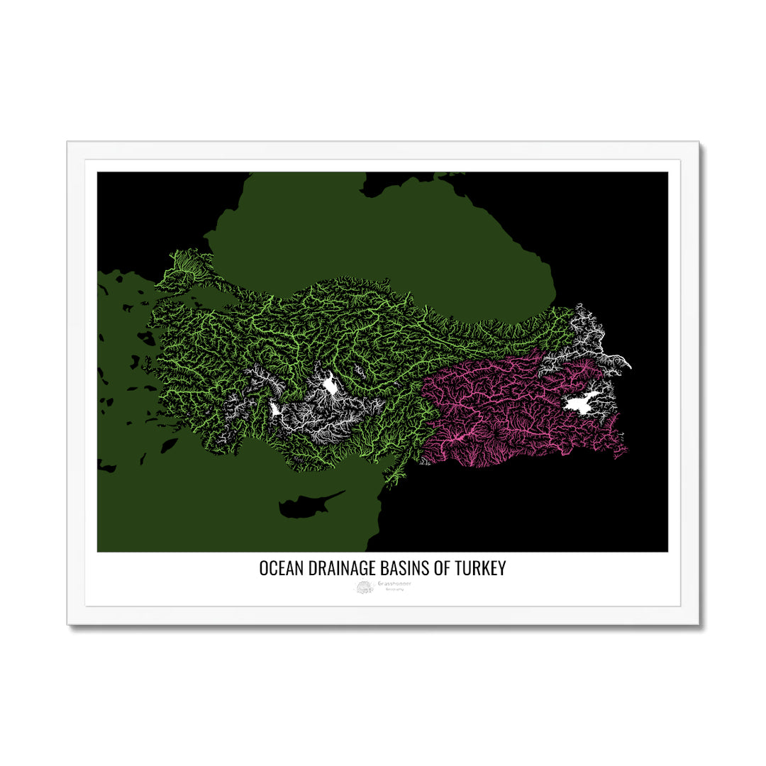 Turkey - Ocean drainage basin map, black v2 - Framed Print