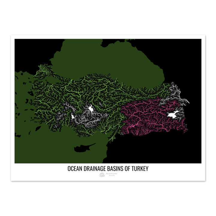 Turquie - Carte des bassins hydrographiques océaniques, noir v2 - Fine Art Print