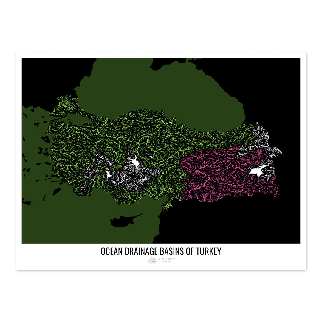 Turkey - Ocean drainage basin map, black v2 - Photo Art Print