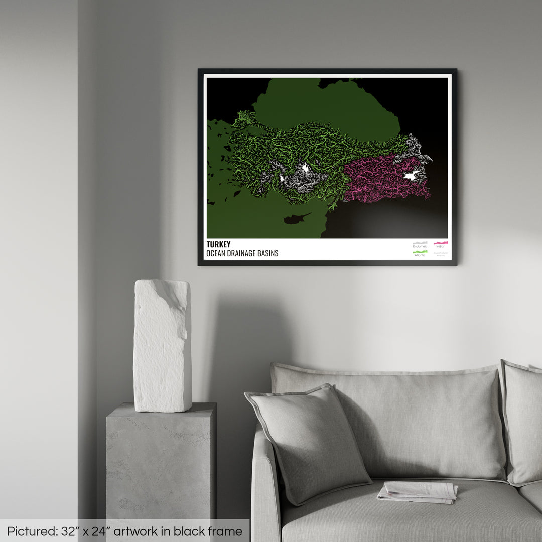 Turkey - Ocean drainage basin map, black with legend v2 - Framed Print