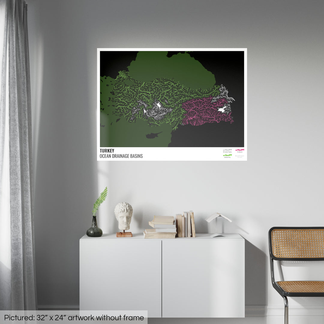 Turkey - Ocean drainage basin map, black with legend v2 - Photo Art Print