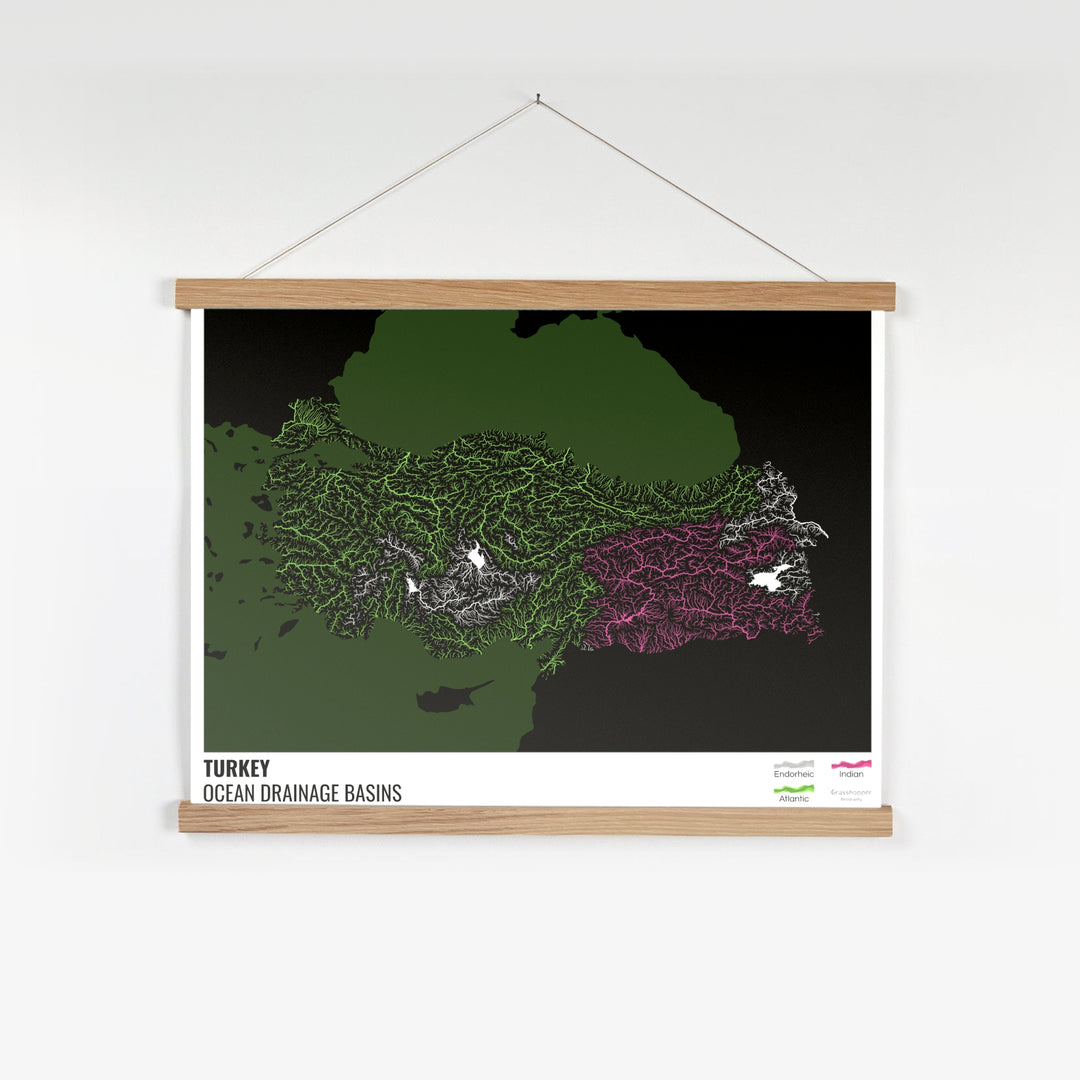 Turkey - Ocean drainage basin map, black with legend v2 - Fine Art Print with Hanger